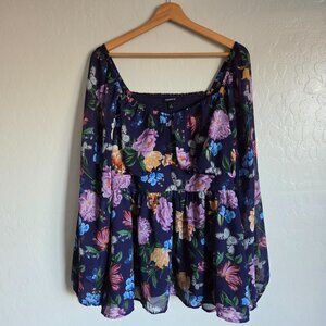 Torrid Smocked Butterfly Babydoll Top Blue Floral Size 3X Plus Flowy Sheer Lined